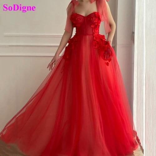 SoDigne Long Prom Dresses With Bowknot Tierd Straps Tull Party Homecoming Dress 3D Flowers Evening Gown With Pockets