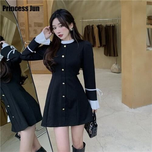 Flare Long Sleeve Fashion Retro Little Black Dress Autumn Winter Ruffled Stand Collar A Line Mini Dress Single Breast Slim Dress