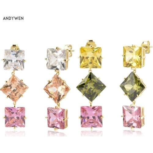 ANDYWEN 925 Sterling Silver Summer Gold Big Zircon Drop Earring Piercing Pendiente Luxury Zircon Crystal Wedding Jewelry Gift