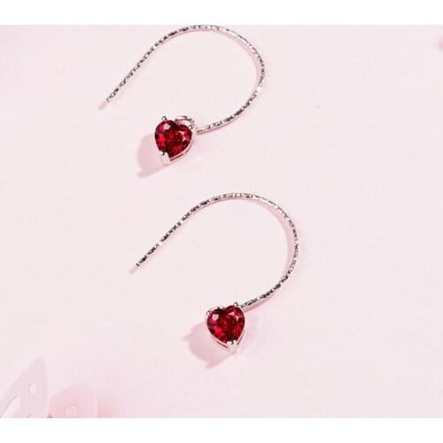 925 Sterling Silver Drop Earrings Temperament Red Heart Crystal Hooks Fashion Earrings Women Wedding Party Jewelry Gifts Brinco