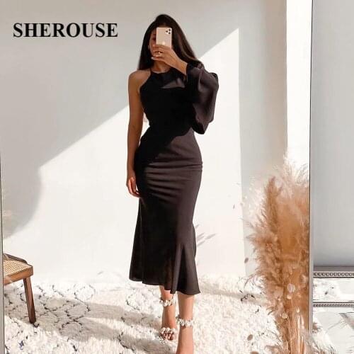 SHEROUSE 2021 Women Black Dress Chic Asymmetrical Design One Wide Sleeve Elegant Lady Prom Midi Long Dresses Woman Robe Femme
