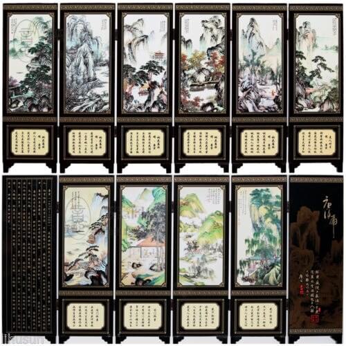 Chinese Handmade Vintage Mountain&River Wooden Lacquer Six Pieces Folding Screen