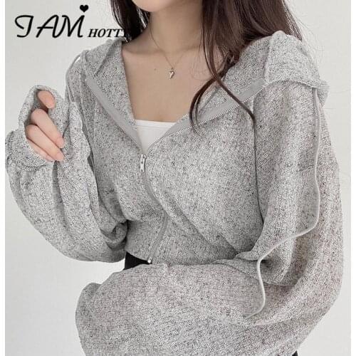 Thin Knitted Hooded Cropped Jackets Summer Women Casual Basic All-match Lantern Long Sleeve Cardigan Korean Fashion 90s Iamhotty