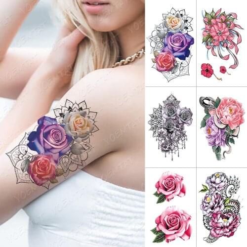 Waterproof Temporary Tattoo Sticker Snake Rose Lotus Flash Tattoos Lace flowers Body Art Arm Water Transfer Fake Tatoo Women Men