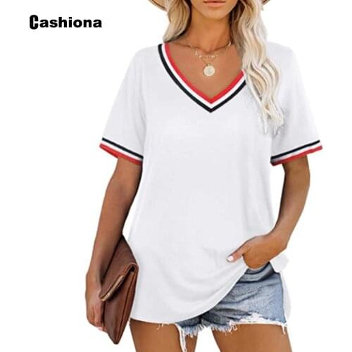 Cashiona Women Elegant Leisure Casual T-shirt England Style 2021 Single-breasted Womens Top Patchwork V-neck Tees shirt Femme
