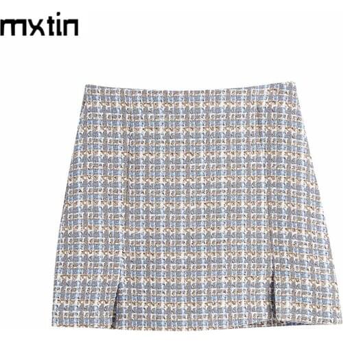 2021 Women Spring Vintage Sexy Plaid Tweed Short Skirt A Line High Waist Split Ladies Mini Skirts French Casual Femme Jupes