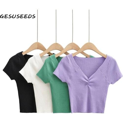 2021 Woman tshirts summer short sleeve tees vintage knitted t shirt sexy v neck cropped t shirt women ruched top black green