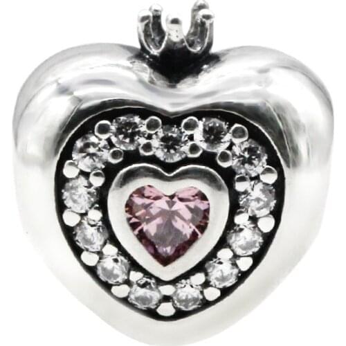 925 sterling silver Queen Crown Pink Zircon heart charm Fit ladies original Pandora bracelet Bangle beads 925 jewelry