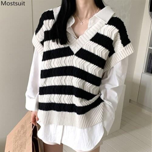 Spring Casual Loose Striped Knitted Tank Top Women Long Thick V-neck Fashion Vest Korean 2021 Ropa Mujer Verano