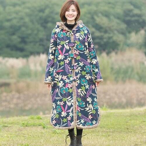 Women Cotton Linen Padded Coat Long Overcoat Female Hooded Printed National Style Coat Ladies Winter Warm Outerwear Coat 2019