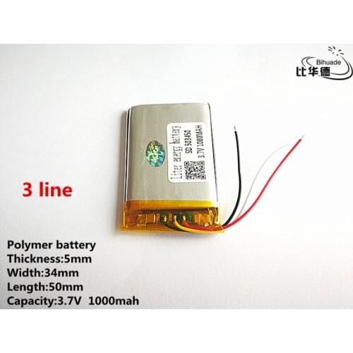 10pcs/lot 3 line Good Qulity 3.7V,1000mAH,503450 Polymer lithium ion / Li-ion battery for TOY,POWER BANK,GPS,mp3,mp4