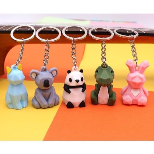 5pcs Creative Cartoon Geometric Faceted Dinosaur Unicorn Panda Keychain Couple Car Key Chain Keyring Backpack Trinket Hanging