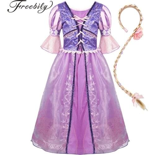 Kids Girls Short Puff Sleeves Glittery Fairy Tale Princess Halloween Costume Cosplay Party Fancy Dress with Long Braid Outfit