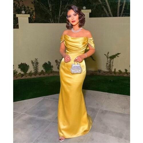 Long Satin Mermaid Yellow Evening Dresses Pleated Zipper Back Off Shoulder Formal Floor Length Party Dress for Women
