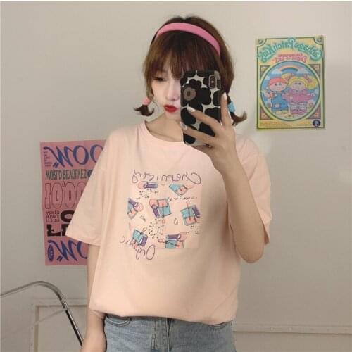 Summer college style cartoon print half-sleeved mid-length loose cotton T-shirt all-match casual women