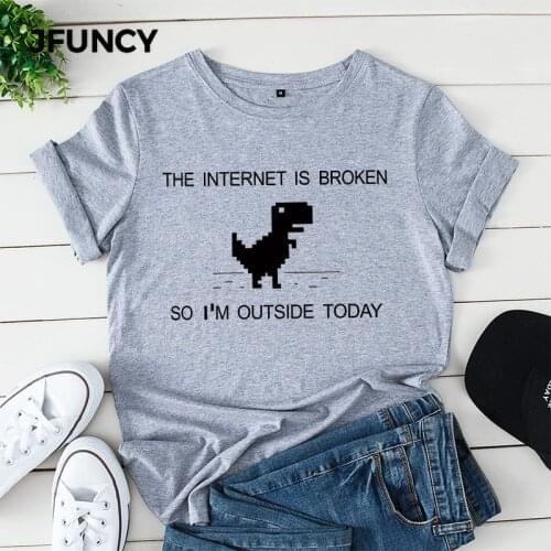 JFUNCY 100% Cotton Summer Womens Tshirt Internet Broken Printed Shirts Plus Size Short Sleeve Casual T-Shirt Female Tees Tops