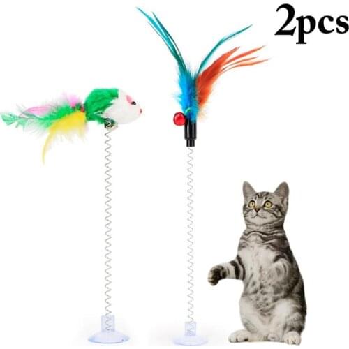 Dorakitten 2Pcs/Set Cat Teaser Wand Faux Feather Bell Decor Spring Suction Cup Cat Wand Toy Pet Supplies Cat Favors Random Color