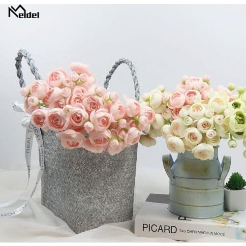 Meldel 4 Heads/Branch Rose Artificial Flowers Pink White Silk Peonies Tea Roses Long Small Fake Flowers Wedding Home Party Decor