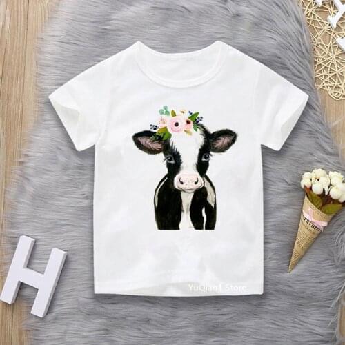 Harajuku Kawaii Floral Cow Animal Print Kids Tshirt Summer White Baby Girls Clothes Boys T-Shirts Comfortable Tops Graphic Tees