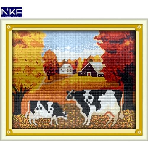 NKF The Autumn Cows Stamped Cross Stitch Pattern DIY Kits Needlework Embroidery Set Chinese Cross Stitch for Home Decor