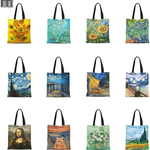New Women Canvas Shopper Bag High Quality Tote Bag With Zipper Van Gogh Large Capacity Shoulder Bags Fashion ECO Shopping Bags