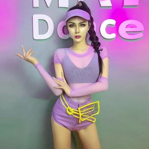 Hip Hop Jazz Dance Performance Wear Adult Women Nightclub Ds Gogo Stage Costume Pole Dance Clothing Purple Dancewear Suit YS1828