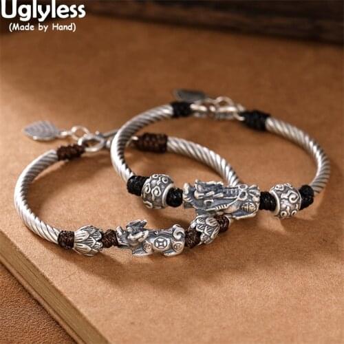 Uglyless Ethnic Totem Animals Brave Troops Bracelets for Women Thai Silver Lotus Beads Rope Bracelet 925 Silver Vintage Jewelry