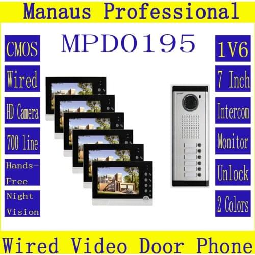 High Quality Smart Home 1V6 Intercom System One to Six Video Doorbell 7 Inch Display 6 IR Lamps Cable Visible Interphone D195b