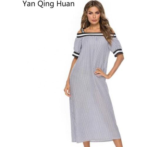 Yan Qing Huan 2019 Summer hot Explosion Fashion Stitching Striped Dress Strap Strapless Slash Neck A Word Ladies Commuter Dress
