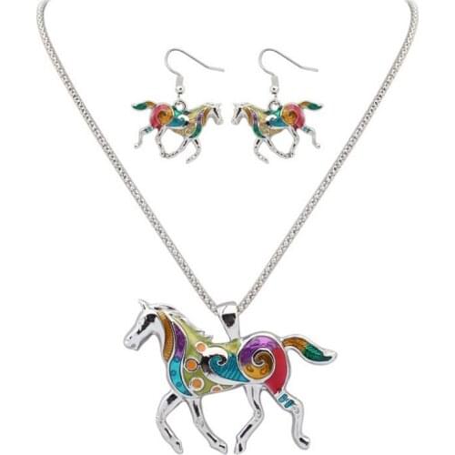 Women Enamel Horse Colorful Animal Horse Pendant Necklace Earring Turkish Fashion Jewelry Set