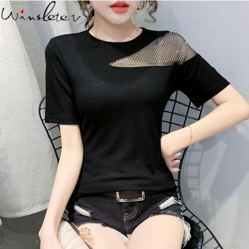 Summer Studded Knitted Basic Solid T-shirt Women Casual Cotton Short Sleeve Mesh Tee-Shirts Female Tops Women 2020 New T05606B