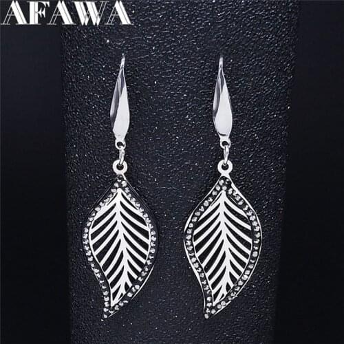 Leaves Stainless Steel Black Crystal Drop Earings for Women Silver Color Dangle Earings Jewelry boucles d oreille femme E4823S03