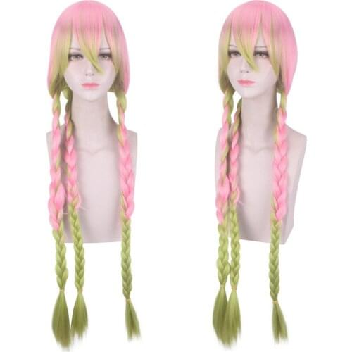 Anime Demon Slayer Kanroji Mitsuri Kimetsu No Yaiba Women Cosplay Wig Green Pink Colorful Hair Braids Hair 100cm