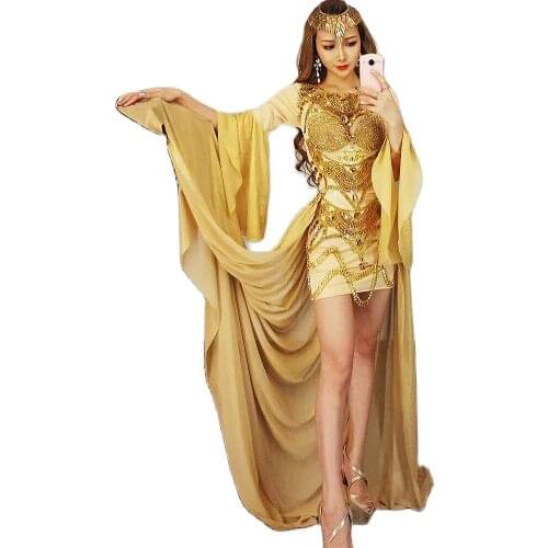 Sparkling Rhinestones Chain Mini Dress Flare Sleeve Floor-Length Long Trailing Accessories Party Dress For Women Dance Costume