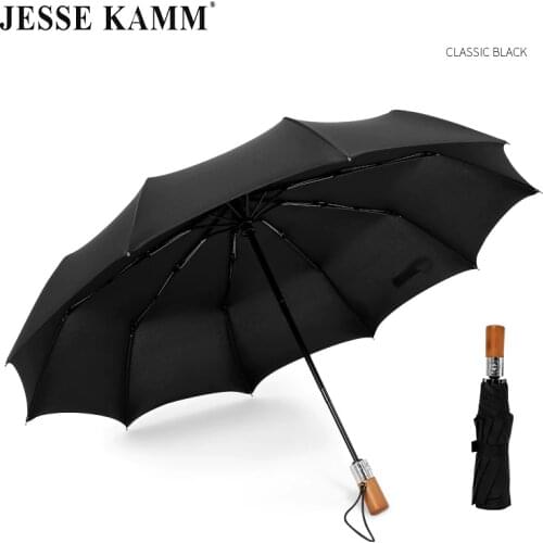 JESSE KAMM Fully Automatic Umbrella 190T Pongee Canopy Solid Wood Handle 10 Spokes Windproof Rain Strong Large For Business men