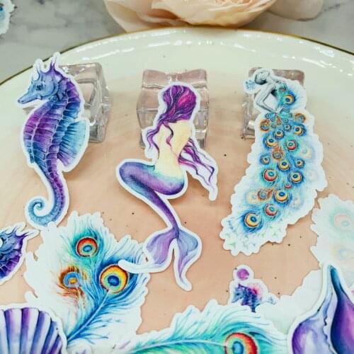 18PCS Mermaid shell coral seahorse peacock feather Scrapbooking stickers book Student label Decorative sticker DIY Stationery