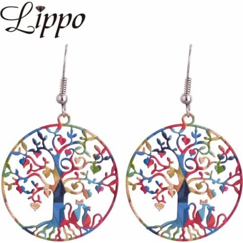 2 pair Fashion Gift Charm Cat and Tree Drop earring Womens Colorful Round Filigree Copper earrings Couple Bijoux Femme