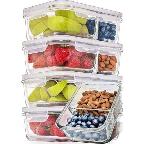 2 Pcs Glass Meal Prep Containers Glass 2 Compartment Food Storage Containers with Lids Divided Glass Fresh Lunch Box