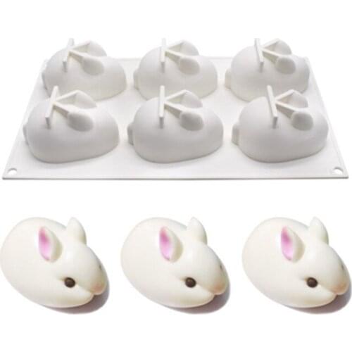6 Cavity 3D Rabbit Mousse Cake Baking Pan Easter Bunny Silicone Mold for French Dessert Soap Lotion Bar Cupcake Butter