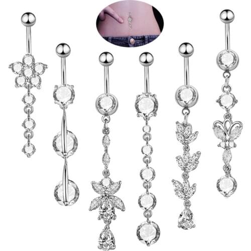 6Pcs/Set Sexy Dangling Navel Belly Button Ring Oreja 14G Double Round Cubic Zirconia 316L Surgical Steel Belly Piercing Jewelry