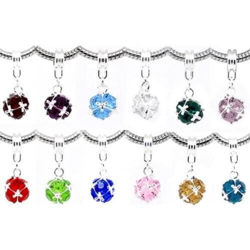 Free Shipping 60pcs Mixed Silver Plated Birthstone Charm Dangle Beads Fits European Charm Bracelets 26x10mm