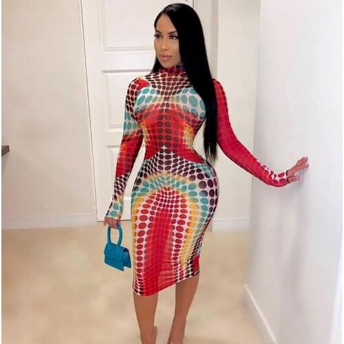 BKLD Rainbow Tie Dye Print Polka Dot Long Sleeve Turtleneck Pencil Bodycon Party Midi Dress 2020 Autumn Winter Sexy Club Outfits