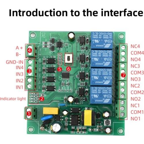 AC 220V Modbus RTU 4-way Relay Module RS485/TTL UART Four-Way Input Output Support Standard Modbus RTU Protocol for Home Power