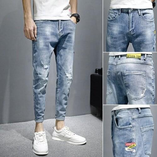Denim Jeans mens spring autumn 2021 Fashion brand stretch Korean pants ripped holes casual light-colored teenager pencil pants