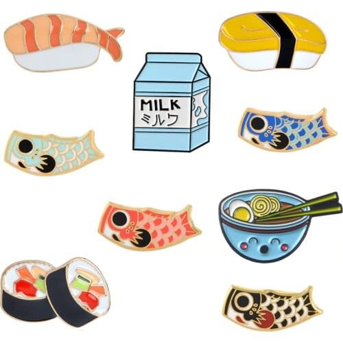 Japanese Food Brooches collection Sushi Milk Ramen Fish Koi flag Bag Clothes Decorative Jewelry Brooch Lapel Enamel Pin Badge