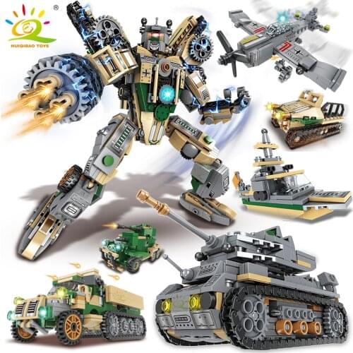 HUIQIBAO 1078pcs 8in1 Military Robot Building Blocks Tank Truck Mecha Plane Chariot Vehicle Figures Bricks Set Toys For Children