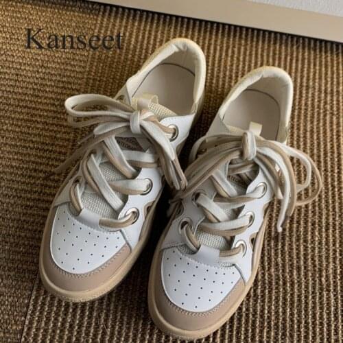 Kanseet Flat Shoes Women Sneakers 2021 Spring Autumn Lace-Up Round Toe Genuine Leather Casual Shoes Beige Apricot Ladies Flat 40