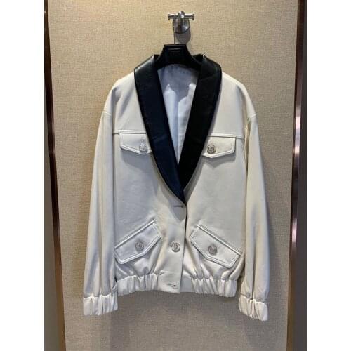 Spring Autumn New Designer Womens High Quality Genuine Leather coat Chic V-neck leather jackets C943