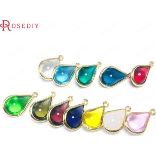38310)10PCS 8x13MM 24K Champagne Gold Color Brass and Glass Drop Shape Charms Pendants Diy Jewelry Findings Accessories