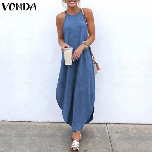 Summer Dress VONDA 2021 Sexy Sleeveless Irregular Hem Dresses Denim Holiday Beach Party Cocktail Sundress Women Maxi Long Dress